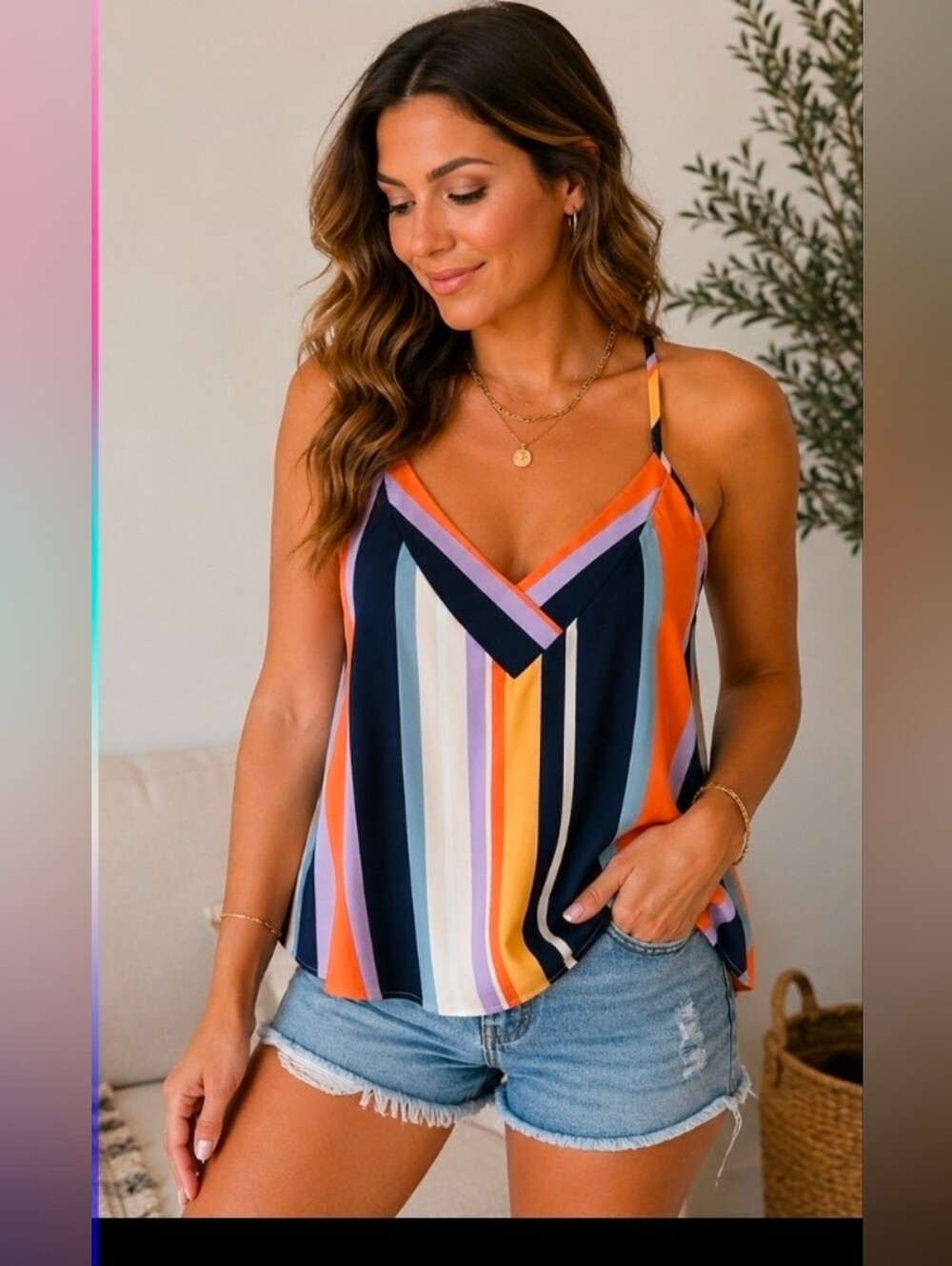 Colorful Striped Adjustable Strap Tank Top Size Medium Like New